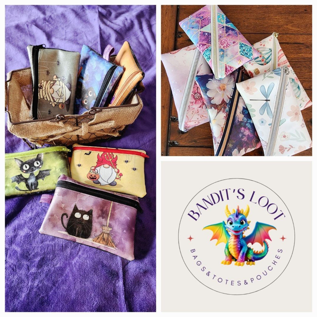 Collage of colorful pouches with various designs and a Bandit's Loot logo featuring a dragon.