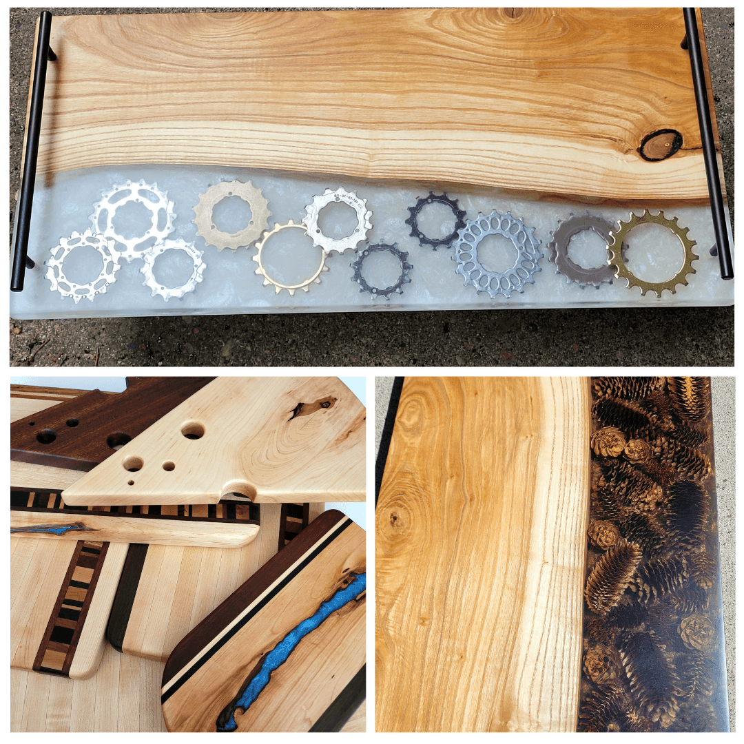 Collage of decorative wood and resin cutting boards with gears and pinecones embedded in resin.