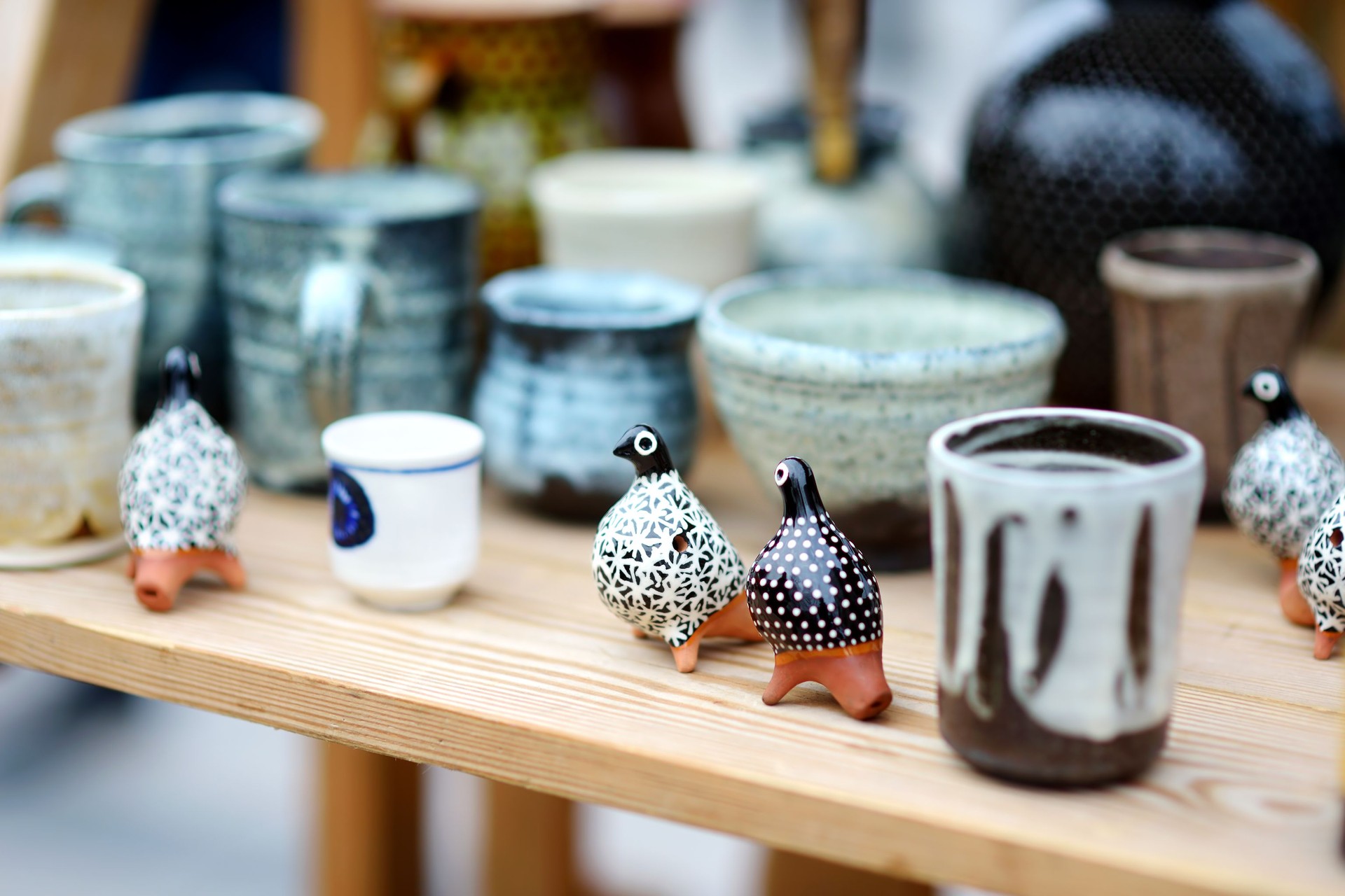 Ceramic dishes, tableware and jugs sold on Easter market in Vilnius, Lithuania